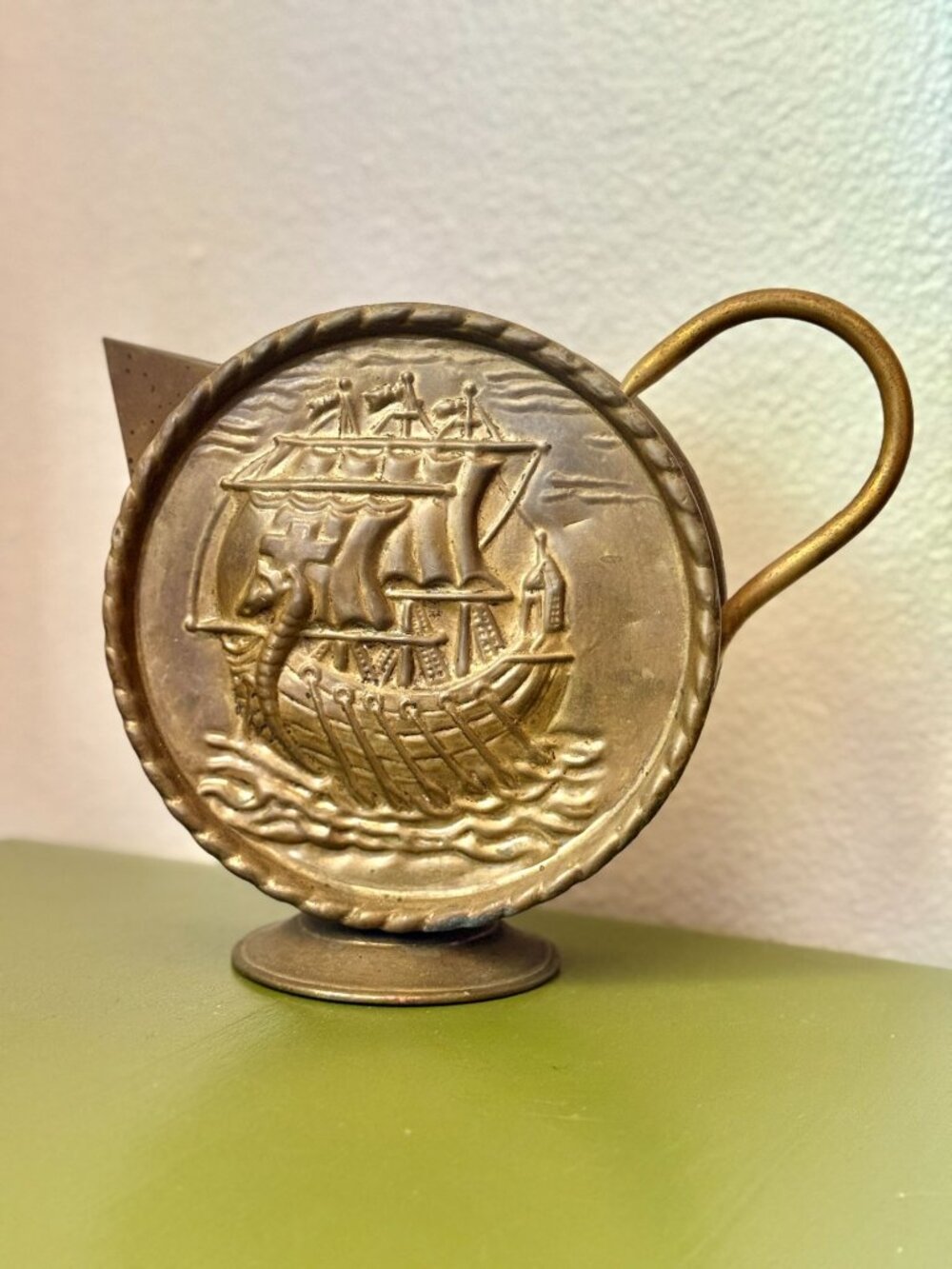 Vintage Mid Century Hammered Brass Pitcher Of Viking Ship